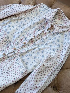 Sezane Paris Will Patchwork Floral Denim Shacket Women's Size Small Cream Multi